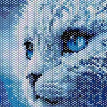 Muster einer weißen Katze mit blauen Augen, ausgeführt im Peyote-Stich.