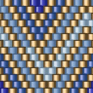 Anmutiges Häkelmuster mit einem harmonischen blauen und goldigen Chevron-Motiv, perfekt für luxuriöse Designs.