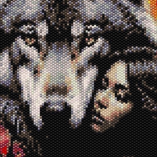  Detailreiches Kreuzstichmuster eines Wolfes, der von lodernden Flammen umgeben ist, symbolisiert Stärke und Leidenschaft.