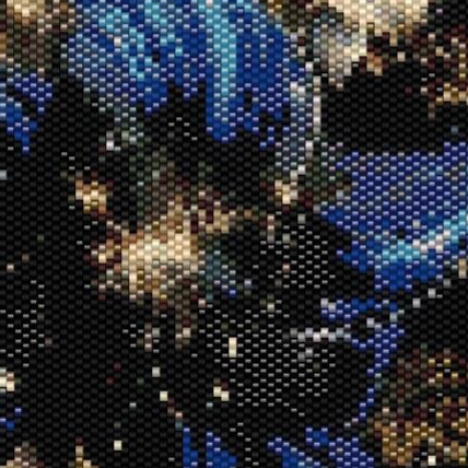 Kreuzstichmuster mit blauen Blumen auf schwarzem Hintergrund, elegant und kunstvoll gestaltet.