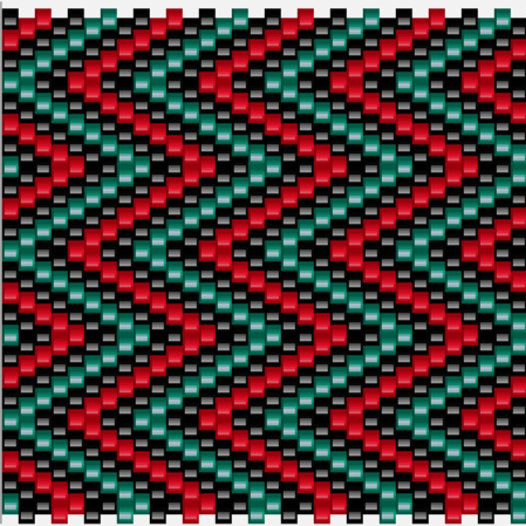 Rotes und schwarzes Chevron-Muster, das diagonale Streifen in einem wiederholenden Design zeigt.