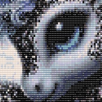 Schwarz-weisses-Einhorn-liegend-blickt-mit-kuller-augen-nach-links-ein-heller-lichtbogen-um-den-körper-rechts-und-links-verschneite-tannen-von-oben-herab-schneeflocken-gross-und-klein.