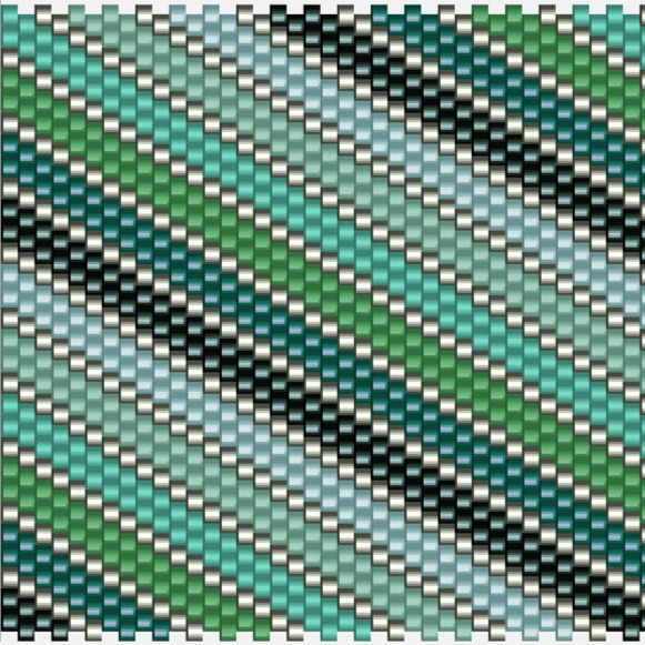 Luxuriöses gestreiftes Häkelmuster in Grün und Blau, ergänzt durch einen markanten schwarzen und weißen Streifen.