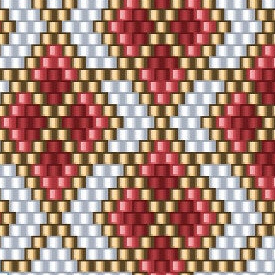 Elegantes Häkelmuster für eine Perlenkette, verziert mit roten und goldenen Dreiecken, perfekt für stilvolle Accessoires.