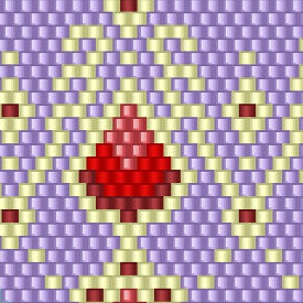 Raffiniertes Häkelmuster mit einer Anordnung von Quadraten, geschmückt mit roten und lila Punkten.