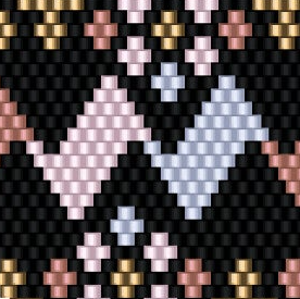 Kunstvolles Häkelmuster mit einer luxuriösen Kombination aus schwarzen, rosa und blauen quadratischen Perlen.