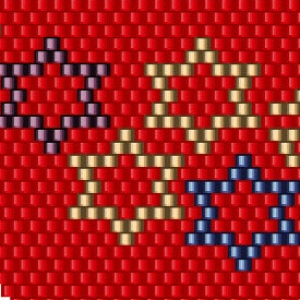  Elegantes Muster aus roten und blauen Perlen, verziert mit funkelnden Sternen, ideal für Häkelprojekte.