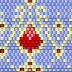 Elegantes Design aus blauen und roten Perlen mit roten und gelben Akzenten, perfekt für kreative Häkelmuster.