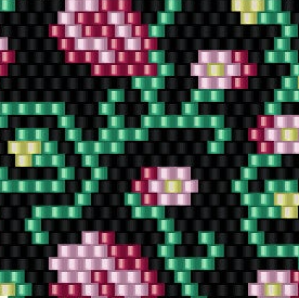  Ein elegantes Häkelmuster mit einer Perlenanordnung aus grünen und pinken Blumen.