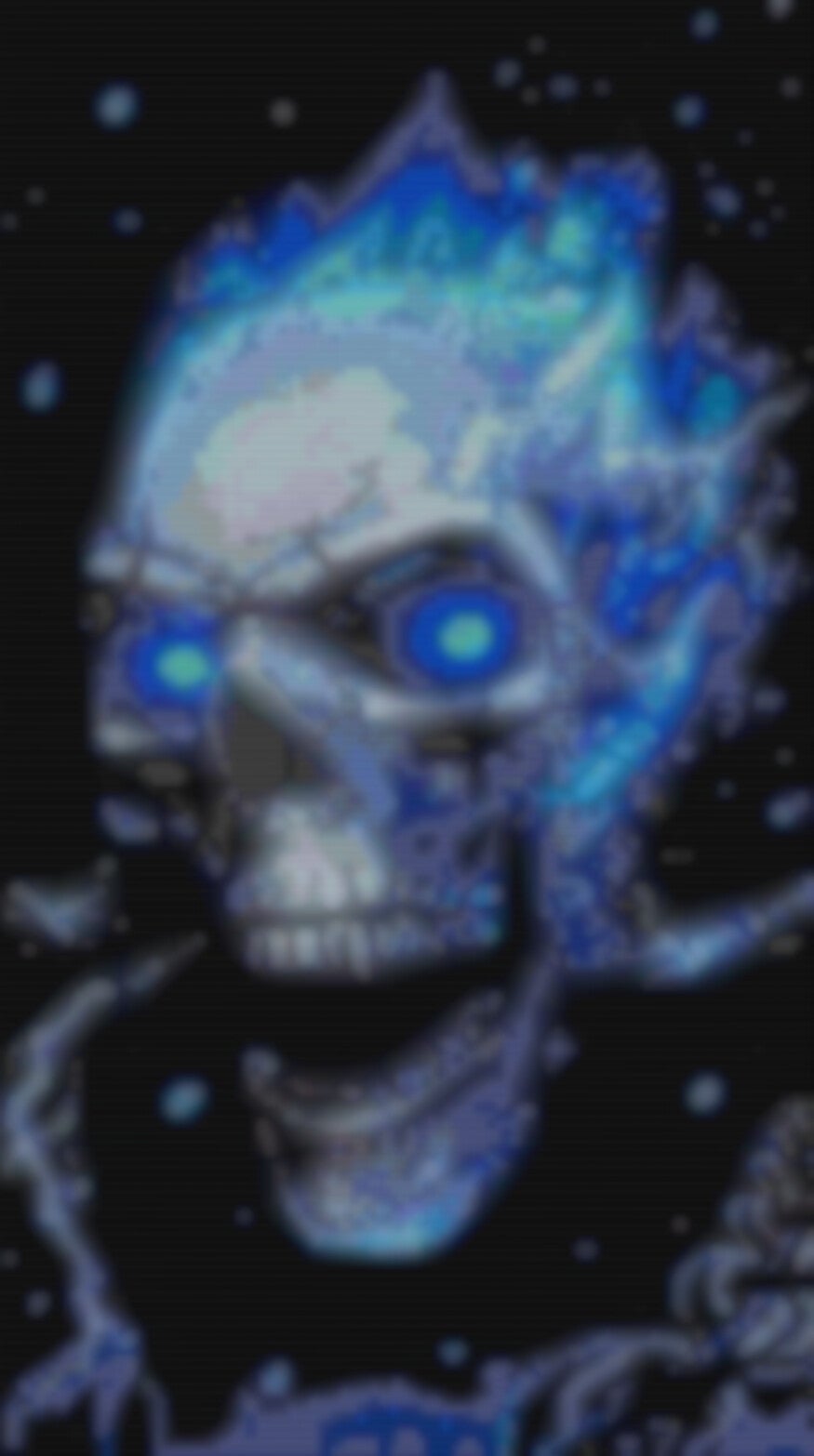 Ein Kreuzstichmuster eines Schädels mit leuchtend blauen Augen, kunstvoll und detailreich gestaltet.