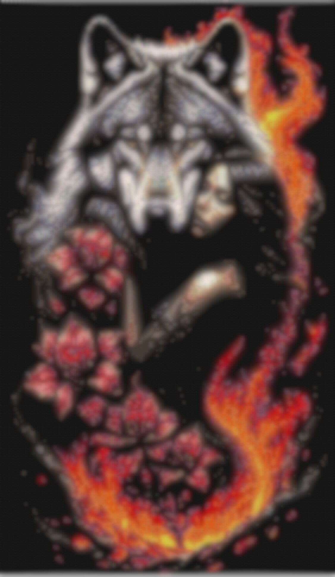  Detailreiches Kreuzstichmuster eines Wolfes, der von lodernden Flammen umgeben ist, symbolisiert Stärke und Leidenschaft.