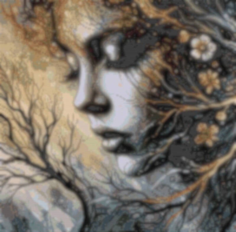 Junges-Frauengesicht-Augen-geschlossen-herbstfarben-braun-gelb-beige-im-Hintergrund-leere-Bäume-sich-biegend-im-Wind.