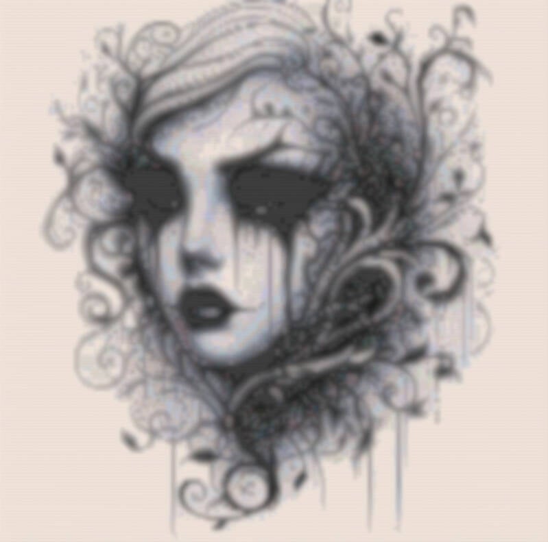 Kunstvolles Kreuzstichdesign einer Frau, umrahmt von blühenden floralen Elementen.