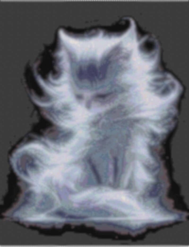 weisse-Katze-sitzend-kopf-leicht-nach-links-unten-geneigt-augen-geschlosse-das-lange-Haar-fliegt-im-wind-schwarzer-hintergrund.