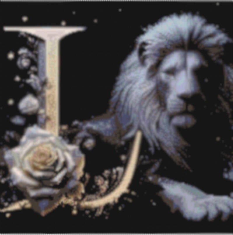 Detailreiches Muster mit einem Löwen und zarten Rosen, das Luxus und Kunstfertigkeit vereint.