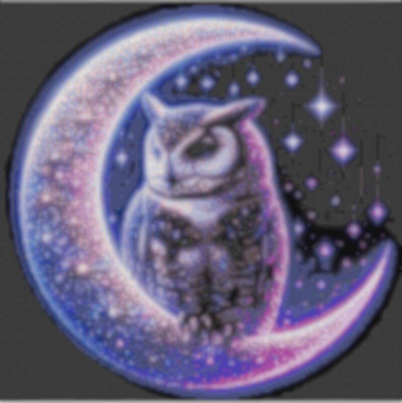 Eine Eule sitzt auf einem Halbmond, umgeben von funkelnden Sternen, in einem traumhaften Nachthimmel.