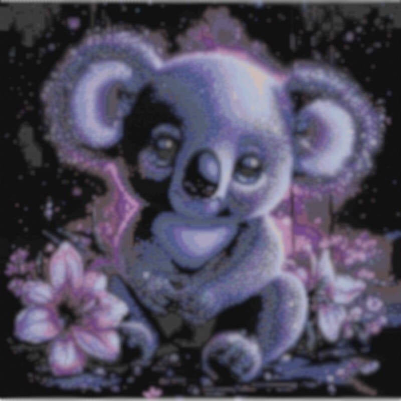 Kunstwerk in Kreuzstich zeigt einen Koalabären, umgeben von Blumen, in der Technik des Peyote-Stichs.