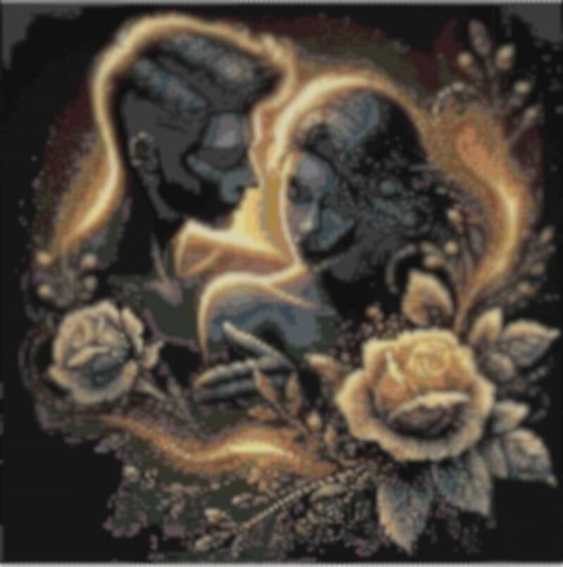  Feines Kreuzstichdesign eines Mannes und einer Frau, umgeben von Rosen, in exquisiter Peyote-Stich-Technik.