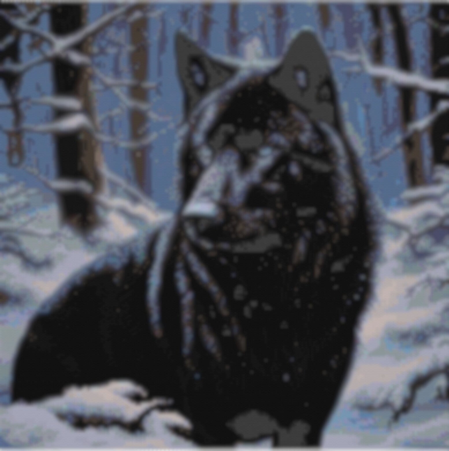 Ein eleganter schwarzer Wolf mit strahlend blauen Augen thront im glitzernden Schnee.