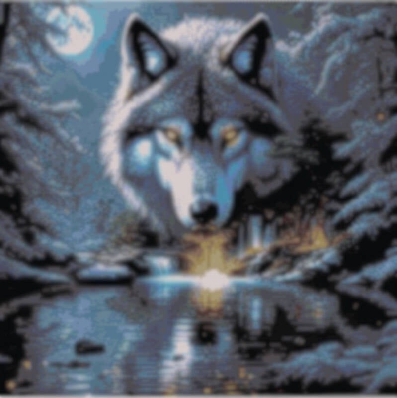 Ein Muster eines Wolfes, der majestätisch im Wald steht, umgeben von Bäumen und sanften Lichtstrahlen.