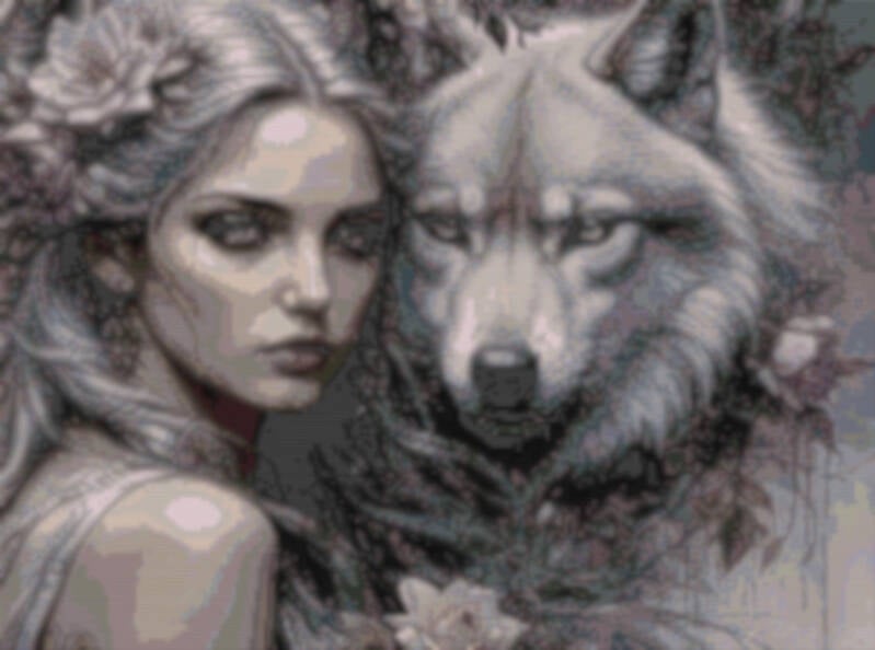 Eine Frau mit langen Haaren posiert mit einem Wolf, der an ihrer Seite sitzt.