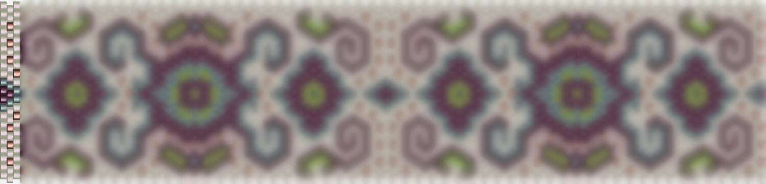 Wunderschönes Häkelmuster mit einem eleganten, gewobenen Design in satten Grüntönen, lila und blau.