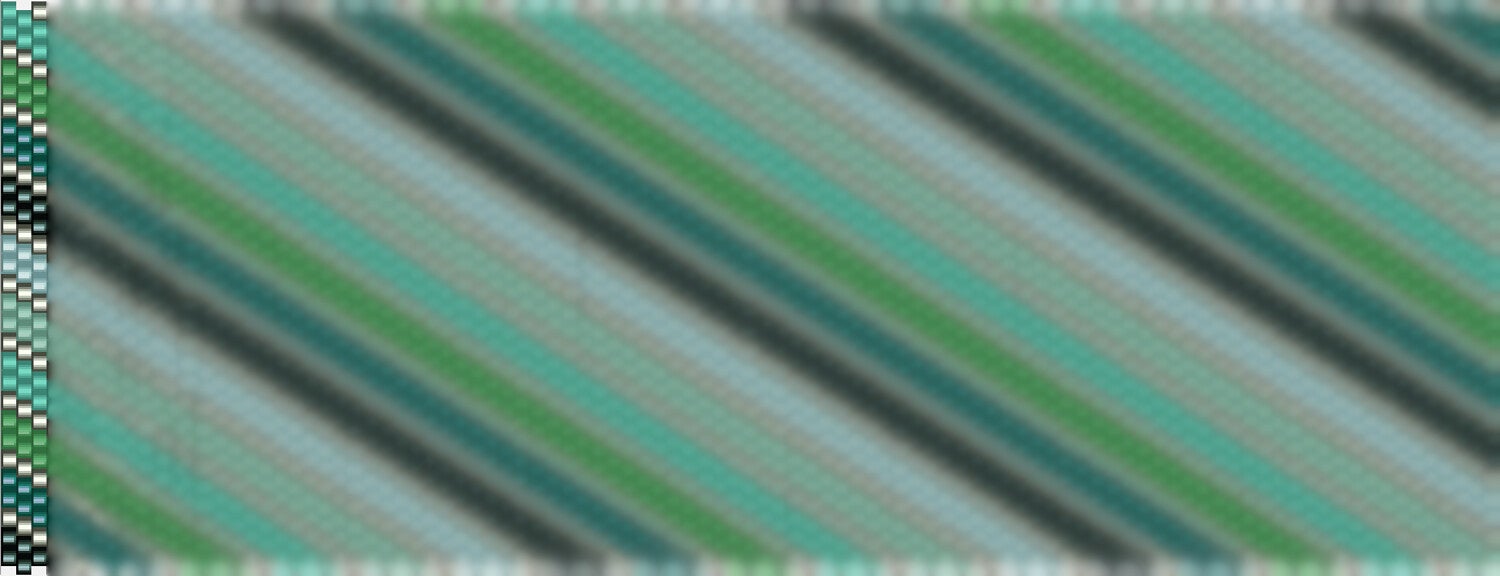 Luxuriöses gestreiftes Häkelmuster in Grün und Blau, ergänzt durch einen markanten schwarzen und weißen Streifen.