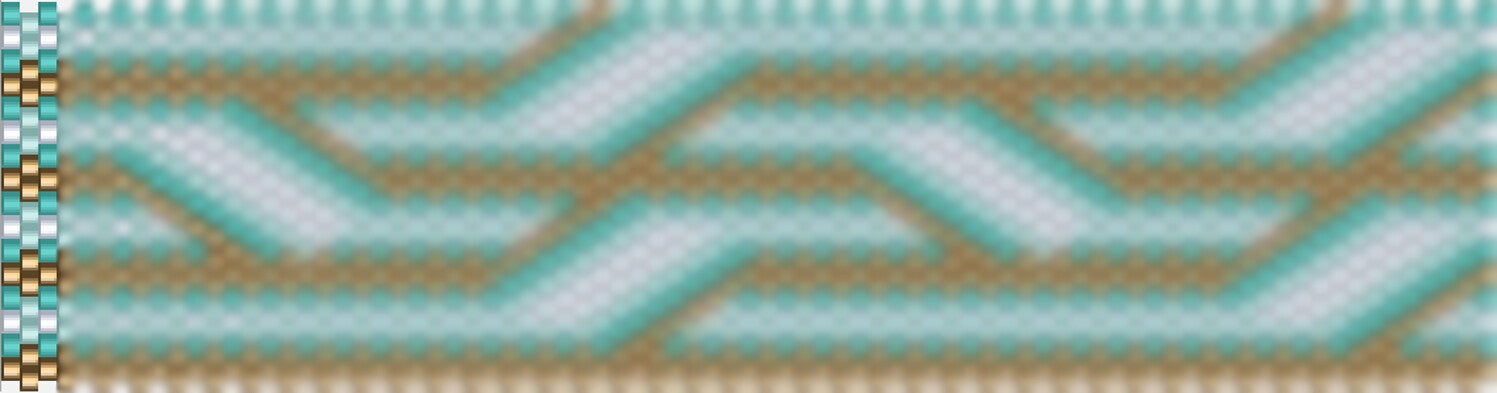 Stilvolles Häkelmuster in einem gewebten Design mit grünen, goldigen und weißen Quadraten.