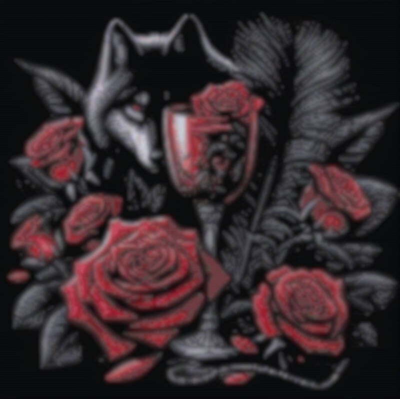 Ein majestätischer Wolf, umgeben von roten Rosen, vor einem tiefschwarzen Hintergrund, der Luxus und Geheimnis verkörpert.