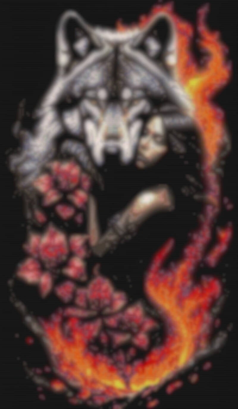 Ein Muster eines majestätischen Wolfs, umgeben von lebhaften Flammen, die Dynamik und Kraft ausstrahlen.