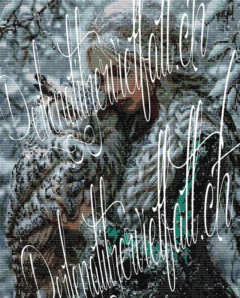 Im Schnee steht eine Frau mit einem Uhu auf dem Arm, die Szene strahlt Ruhe und Naturverbundenheit aus.