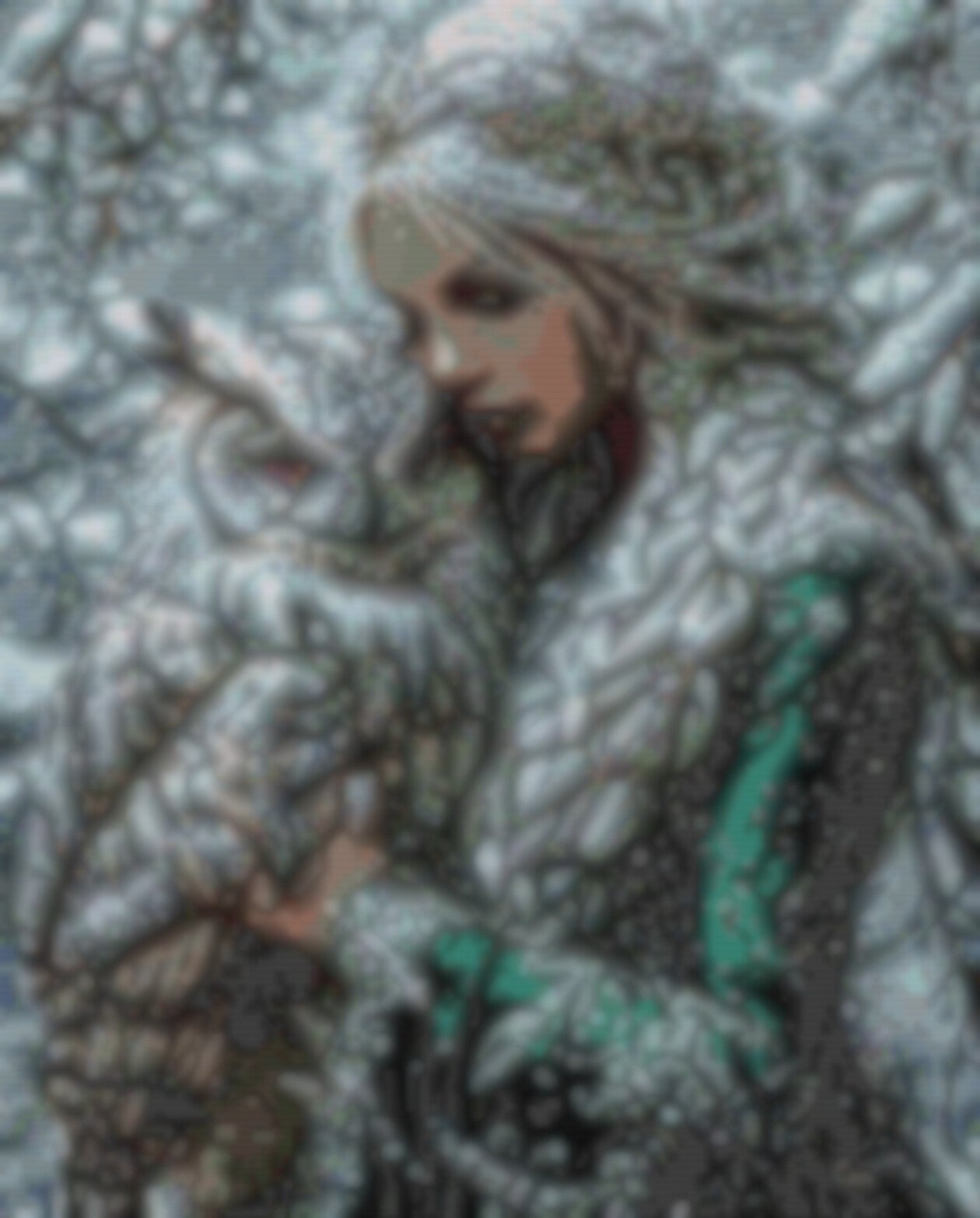 Im Schnee steht eine Frau mit einem Uhu auf dem Arm, die Szene strahlt Ruhe und Naturverbundenheit aus.