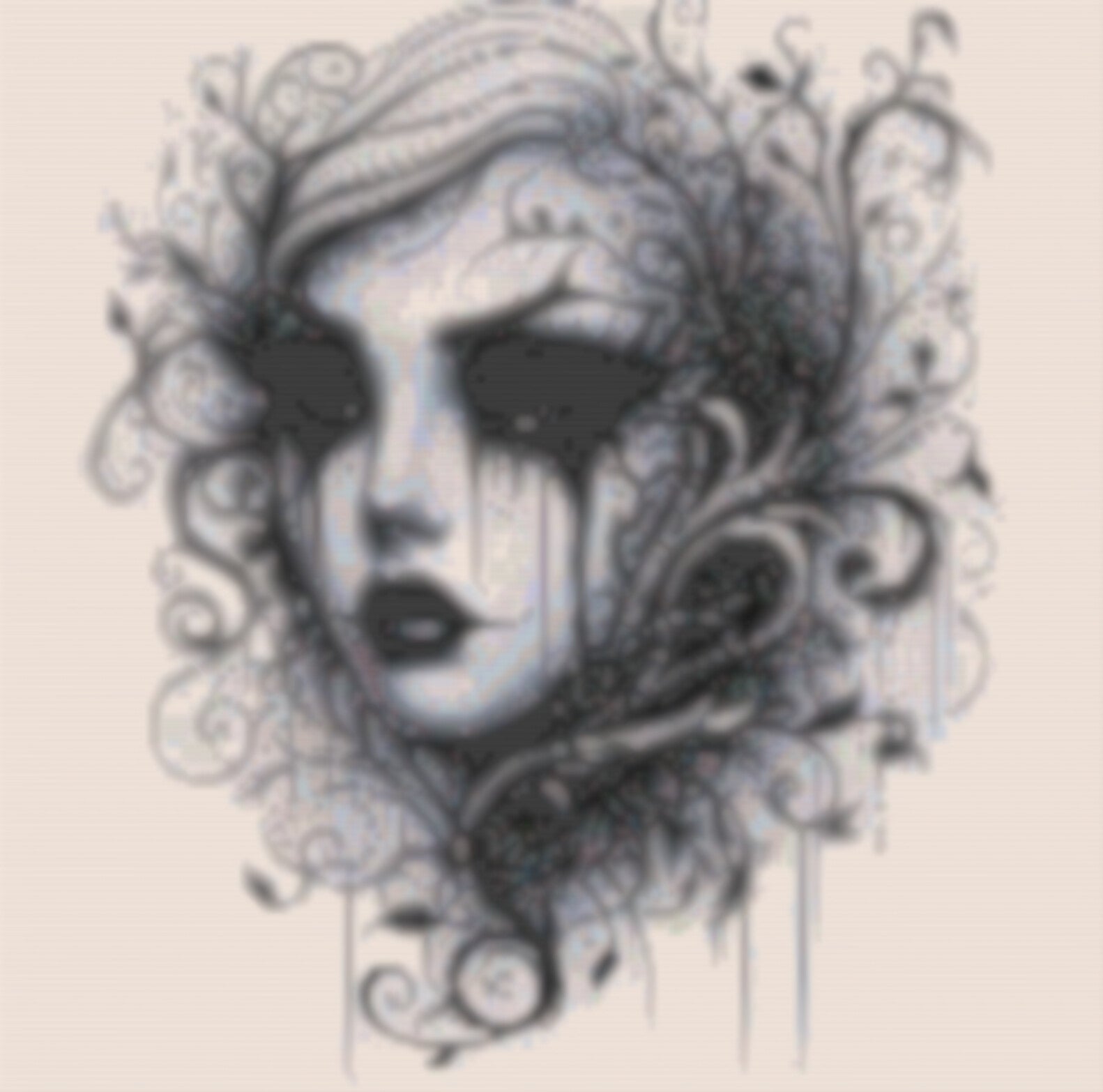  Kreuzstichmuster einer Frau umgeben von eleganten Blumen und Blättern, kunstvoll gestaltet und detailreich.