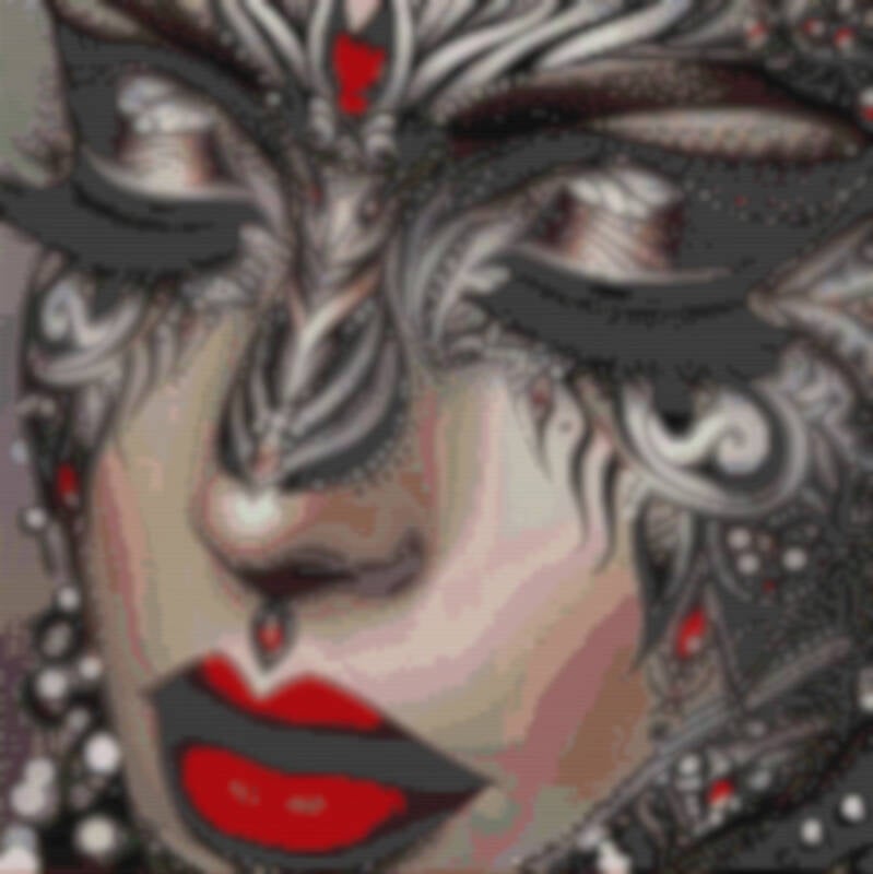 Eine elegante Frau mit einer Maske und verführerischem roten Lippenstift.