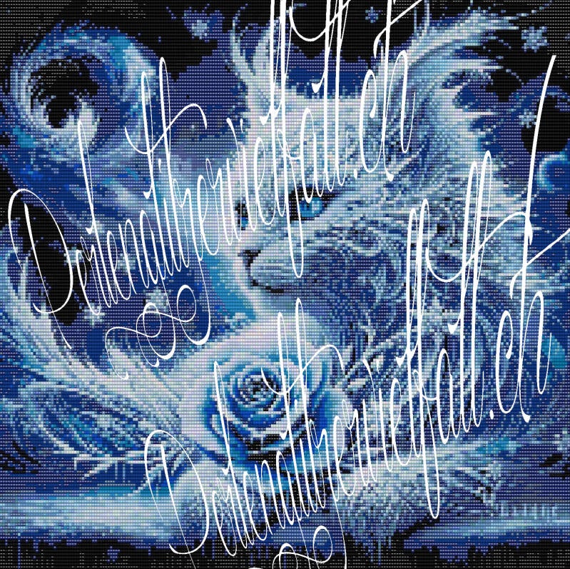  Detailreiches Muster einer weißen Katze mit strahlend blauen Augen, verziert mit Perlen.