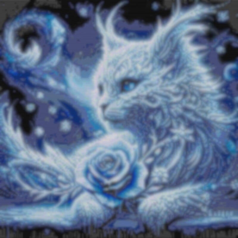 Detailreiches Muster einer weißen Katze mit strahlend blauen Augen, verziert mit Perlen.