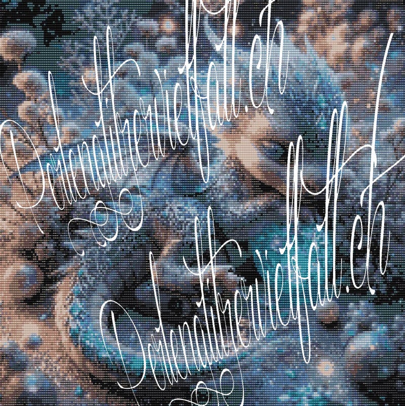 Ein Kreuzstichmuster eines Drachen, der elegant einen blauen Ball hält, kunstvoll und detailreich gestaltet.