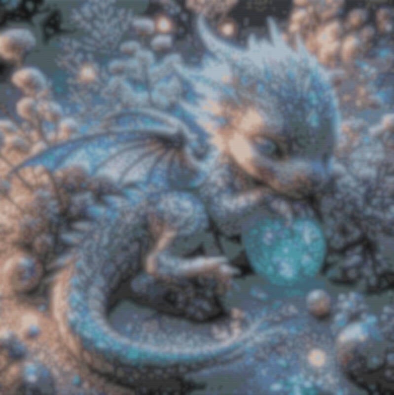 Ein Kreuzstichmuster eines Drachen, der elegant einen blauen Ball hält, kunstvoll und detailreich gestaltet.