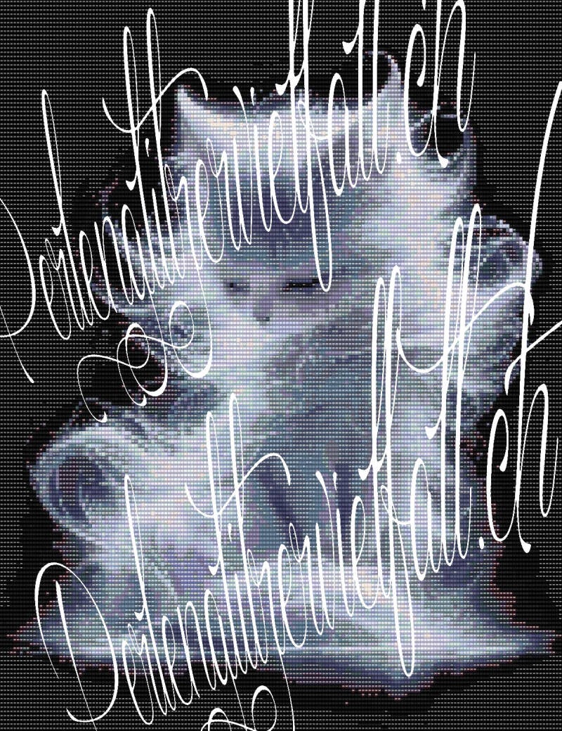  Kreuzstichmuster eines weißen Katers, umgeben von bunten Perlen, ideal für kreative Handarbeitsprojekte.