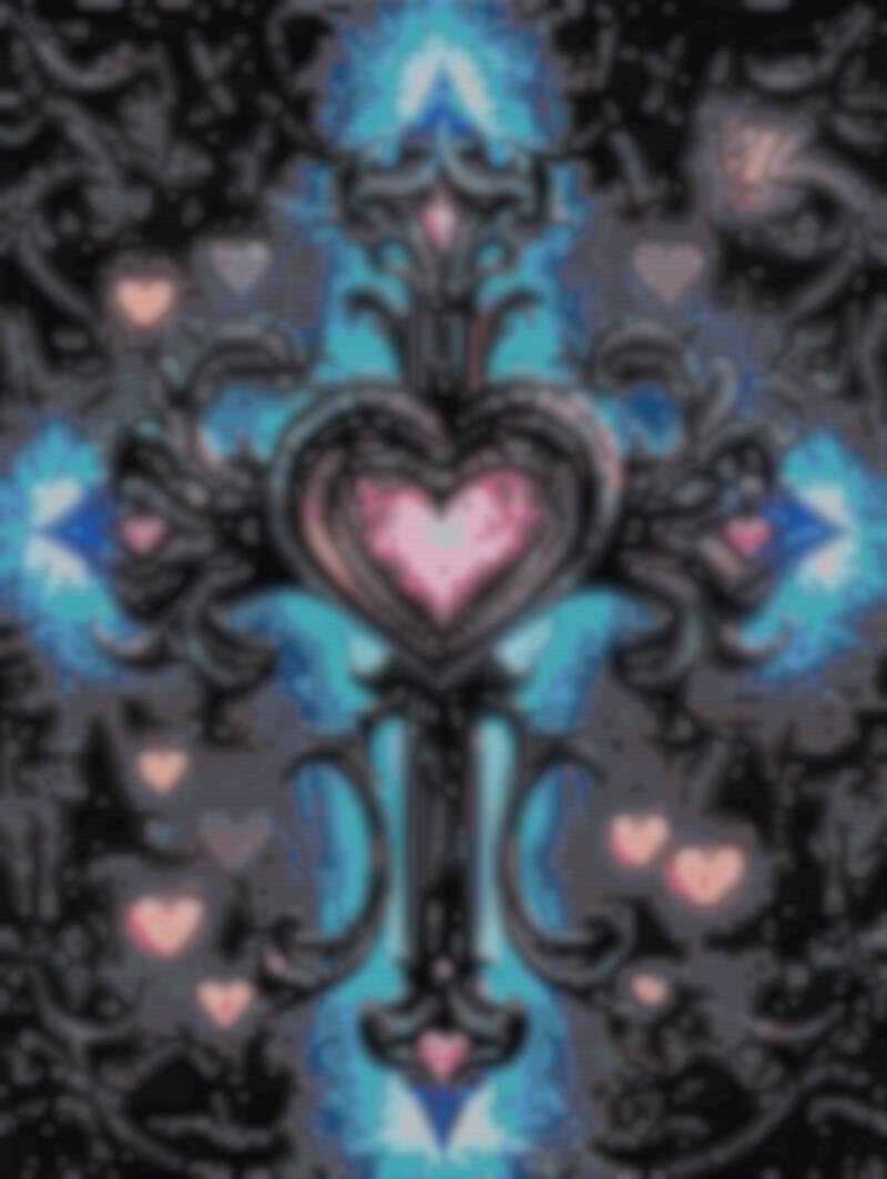  Ein elegantes Kreuz mit Herzen auf einem schwarzen Hintergrund, das eine Atmosphäre von Liebe und Spiritualität vermittelt.
