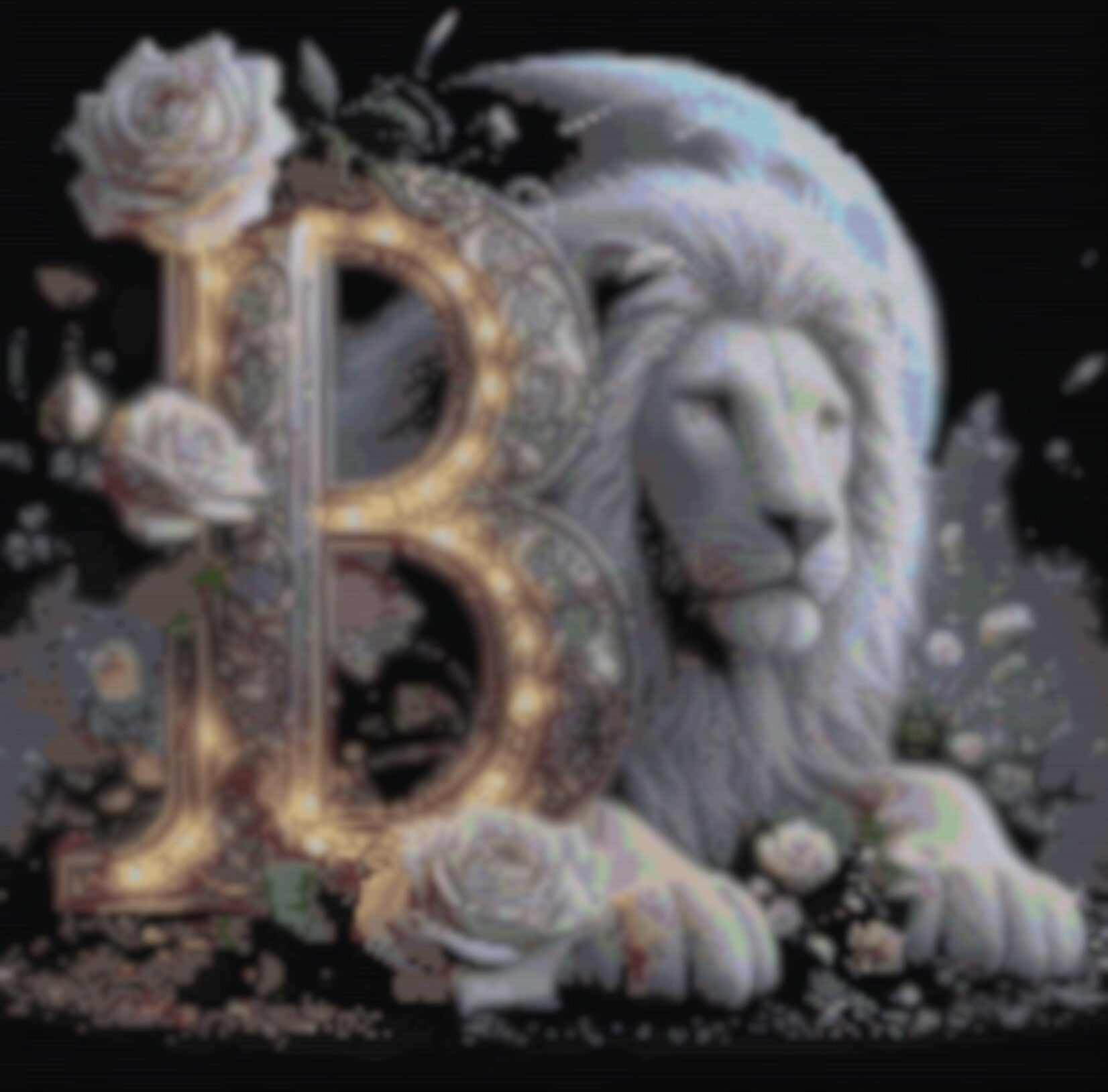 Der Buchstabe B, umgeben von bunten Blumen und einem majestätischen Löwen, strahlt Eleganz und Naturverbundenheit aus.