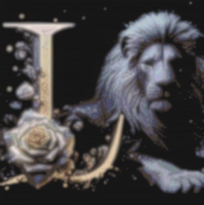 Detailreiches Muster mit einem Löwen und zarten Rosen, das Eleganz und Natur vereint.