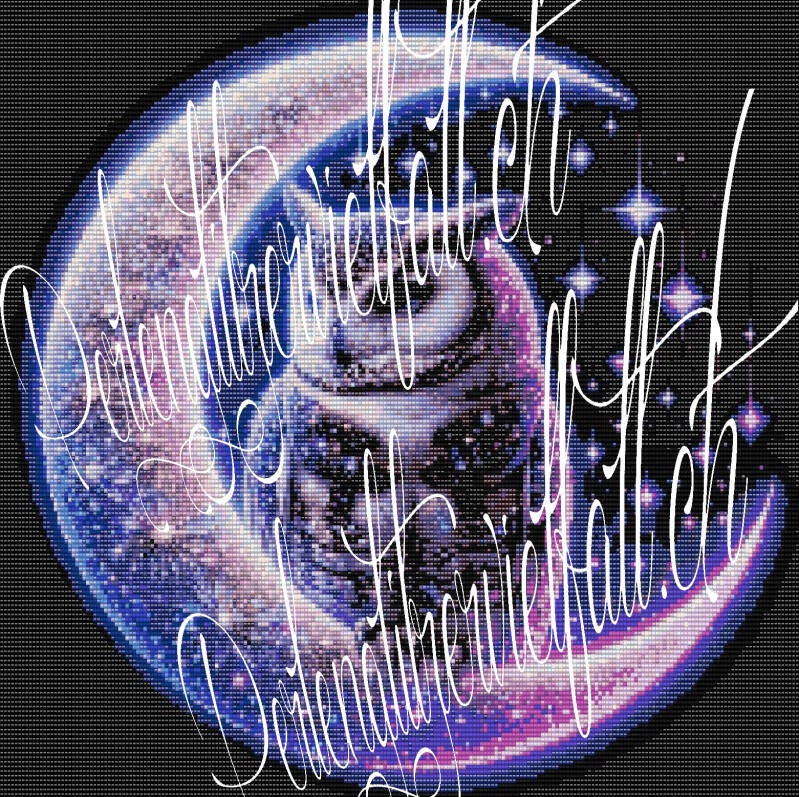 Auf dem Mond sitzt eine Eule, umgeben von strahlenden Sternen im nächtlichen Himmel.