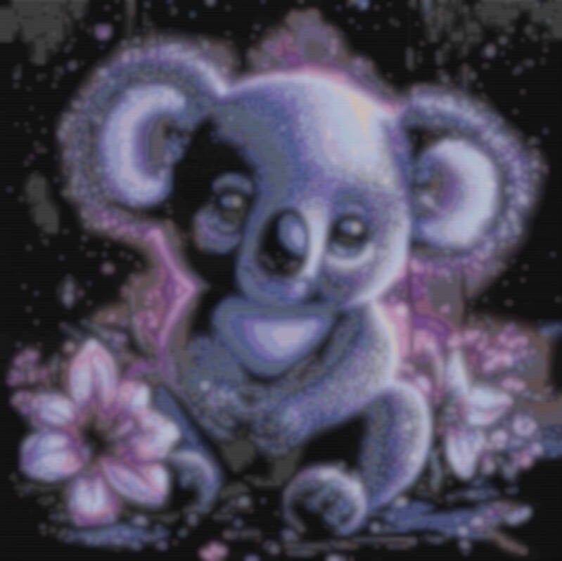 Kreuzstichkunst zeigt einen Koala, der von lebhaften Blumen umgeben ist, und vermittelt ein Gefühl von Ruhe und Naturverbundenheit.