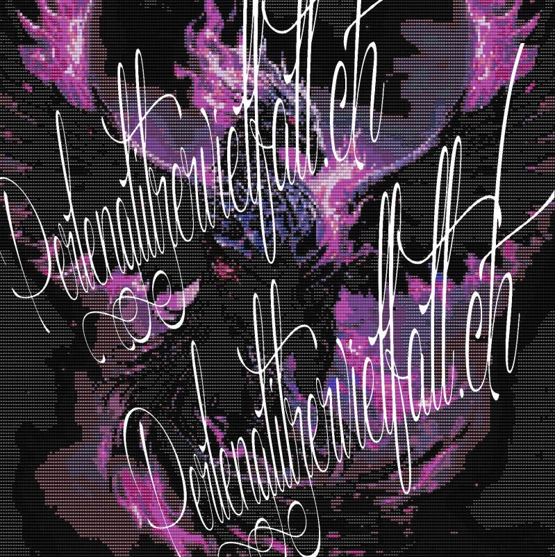 Ein kunstvoller Pixel-Vogel in Schwarz und Lila, der mit feinen Details und einem modernen, luxuriösen Flair gestaltet ist.