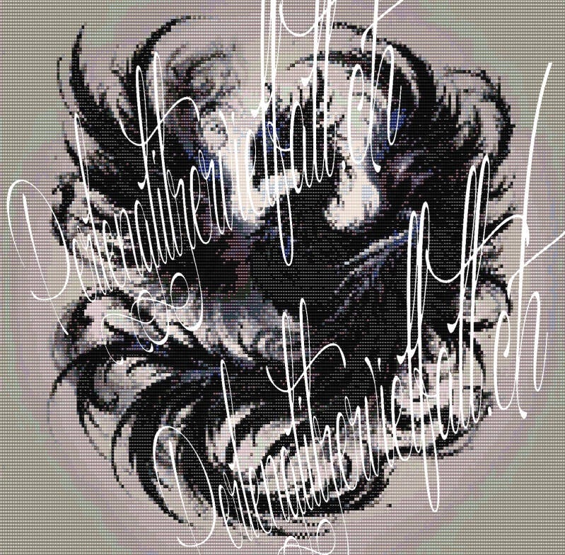  Elegantes Kreuzstichmuster eines schwarzen Vogels mit markantem, großem Kopf, kunstvoll und ansprechend.