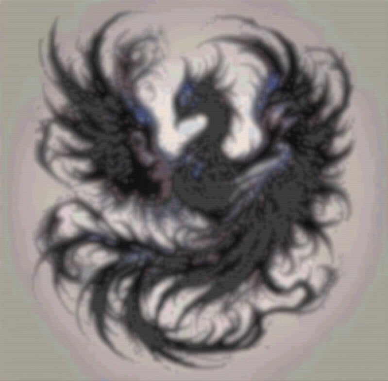  Elegantes Kreuzstichmuster eines schwarzen Vogels mit markantem, großem Kopf, kunstvoll und ansprechend.