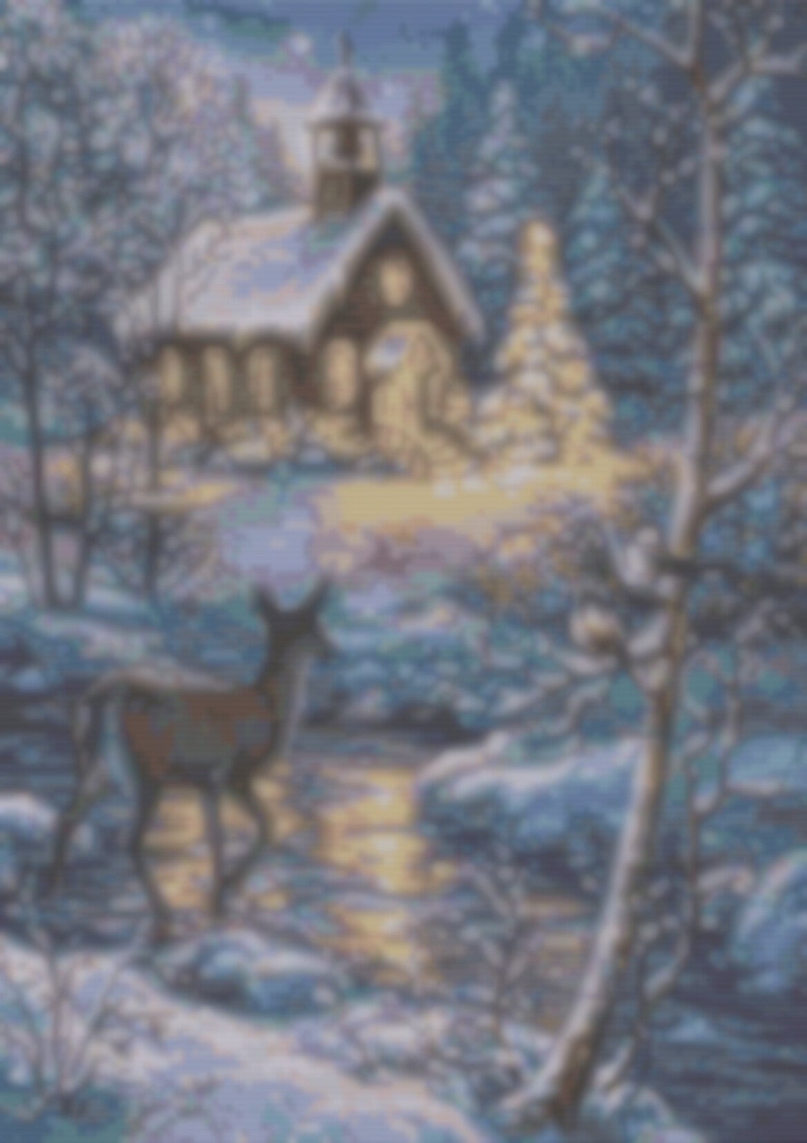  Ein Muster eines Rehs im Schnee mit einer Kirche im Hintergrund, das eine ruhige Winterlandschaft darstellt.