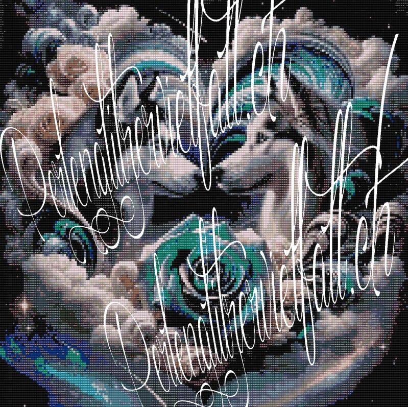 Zwei Huskys bilden ein Herz, umgeben von Wolken und Rosen, strahlen Liebe und Eleganz aus.