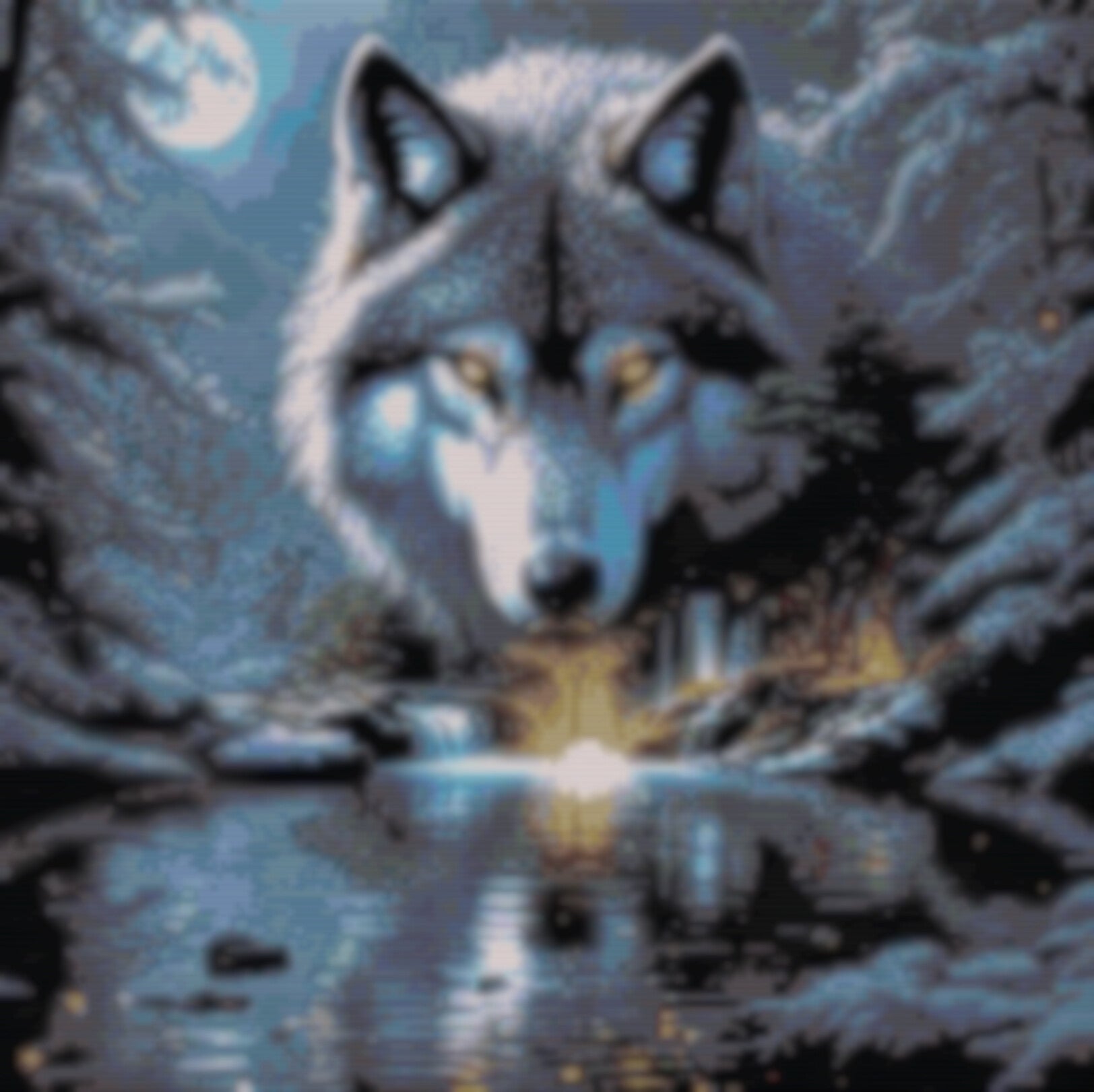 Im dichten Wald zeigt sich ein Wolf, umgeben von der mystischen Aura des Vollmonds.